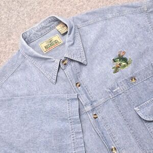 RedHead Men's Large Short Sleeve Denim Shirt Embroidered Bass Fishing Outdoor